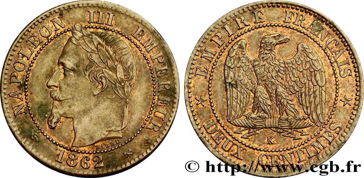 Deux centimes Napoléon III, tête laurée 1862 Bordeaux F.108A/7 EBC55 