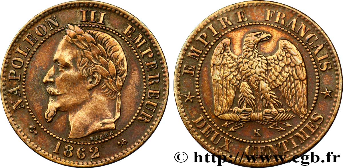 Deux centimes Napoléon III, tête laurée 1862 Bordeaux F.108A/7 BB54 