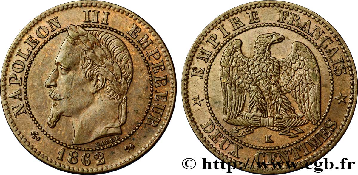 Deux centimes Napoléon III, tête laurée 1862 Bordeaux F.108A/7 TTB48 