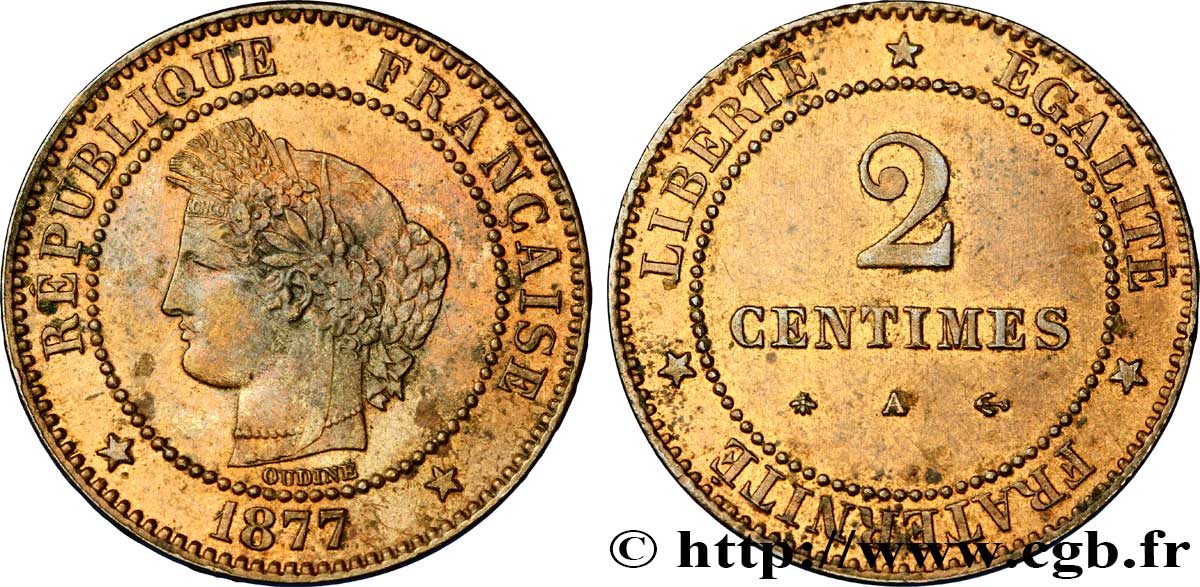 2 centimes Cérès 1877 Paris F.109/2 EBC55 