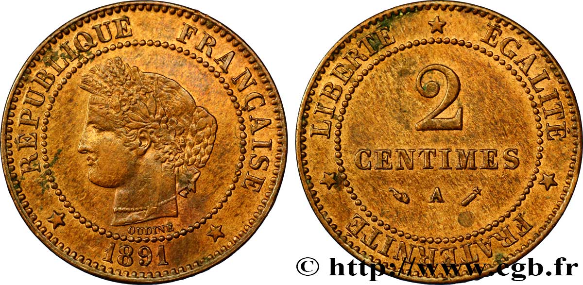 2 centimes Cérès 1891 Paris F.109/17 AU58 