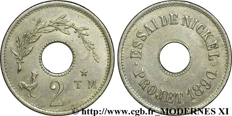 Essai de 2 centimes en nickel 1890  VG.4124  SUP58 