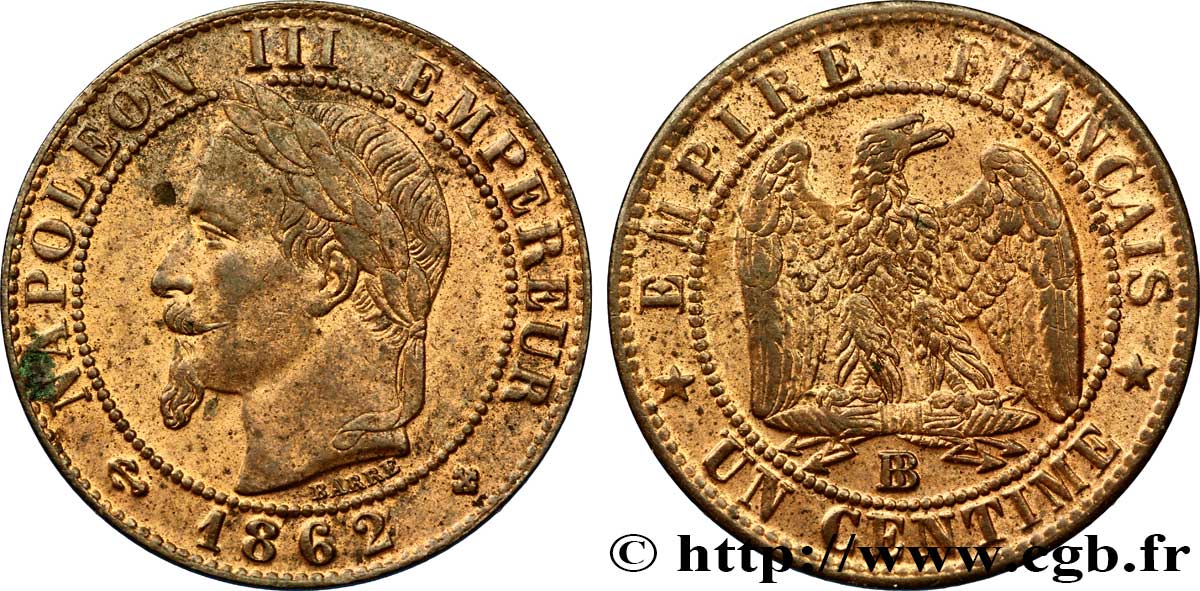 Un centime Napoléon III, tête laurée 1862 Strasbourg F.103/6 SUP55 