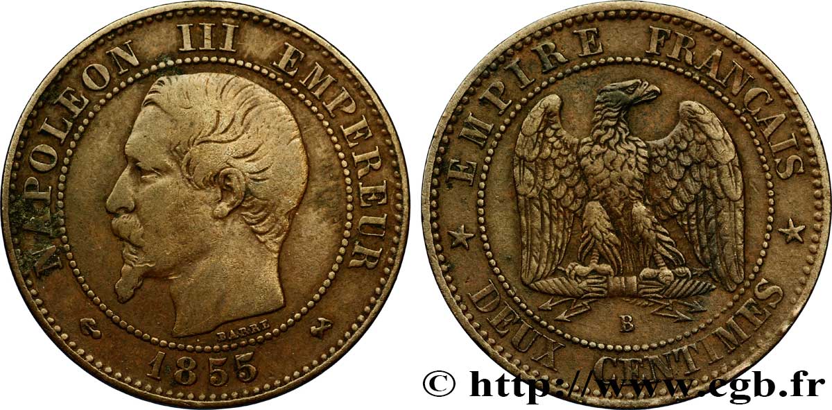 Deux centimes Napoléon III, tête nue 1855 Rouen F.107/22 BC35 