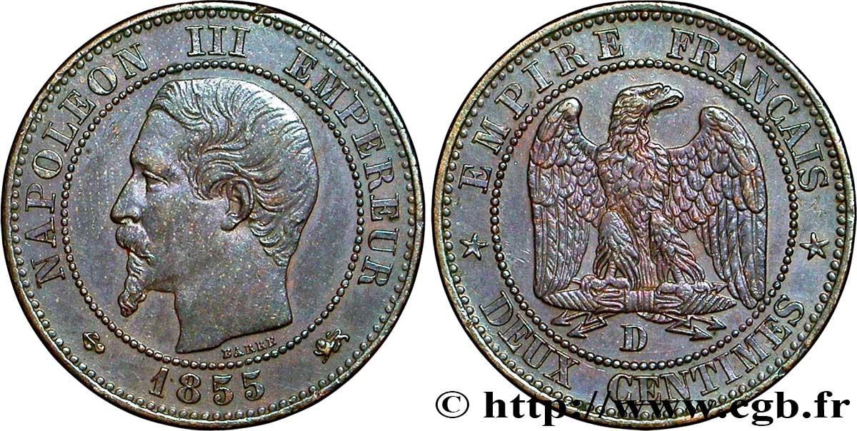 Deux centimes Napoléon III, tête nue 1855 Lyon F.107/27 XF48 