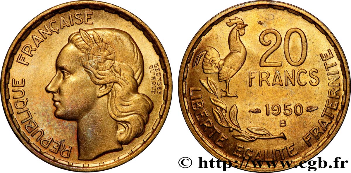 20 francs Georges Guiraud, 3 faucilles 1950 Beaumont-Le-Roger F.401/2 SUP+ 