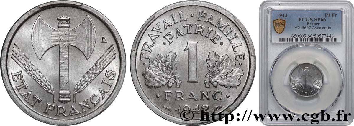 1 franc Francisque, lourde, avec les croix 1942 Paris F.222/2 MS66 PCGS