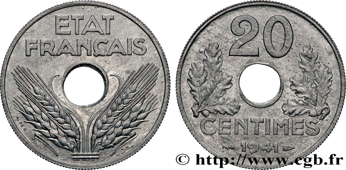 20 centimes État français, lourde 1941  F.153/2 MS63 