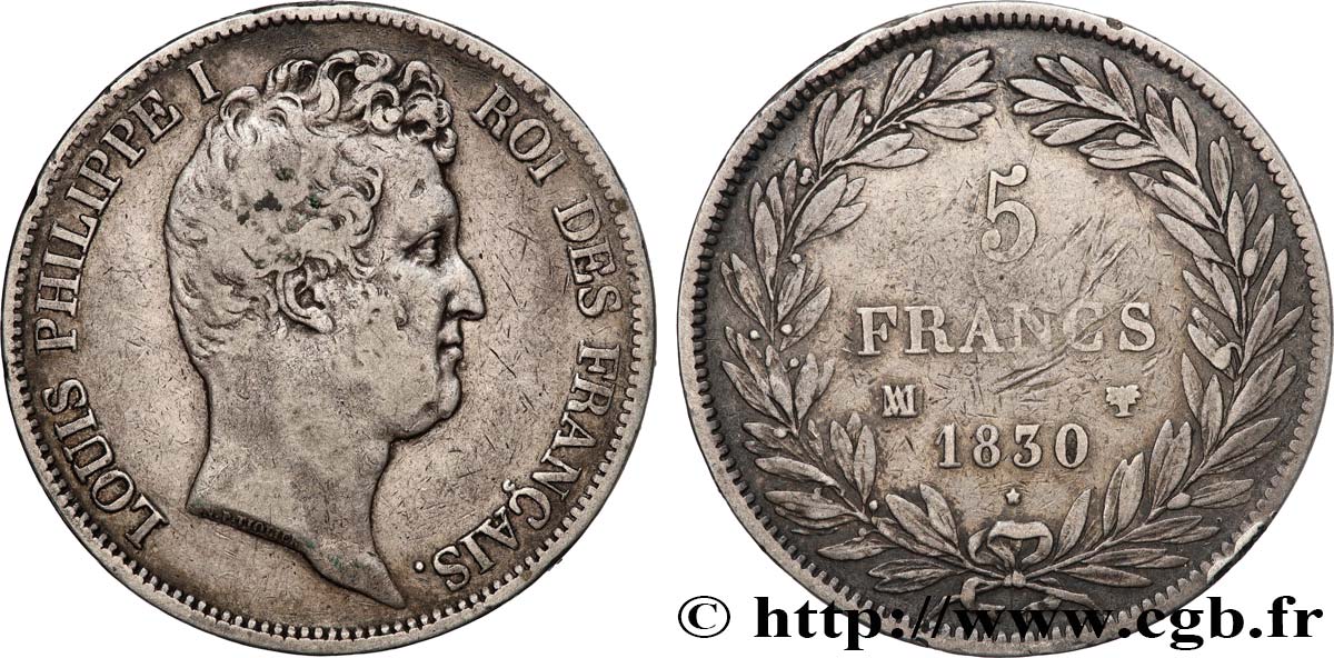 5 francs type Tiolier avec le I, tranche en creux 1830 Marseille F.315/10 fSS 