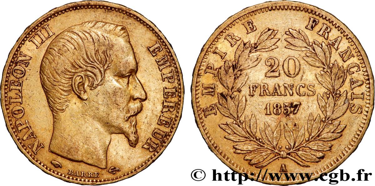 20 francs or Napoléon III, tête nue 1857 Paris F.531/12 BB 
