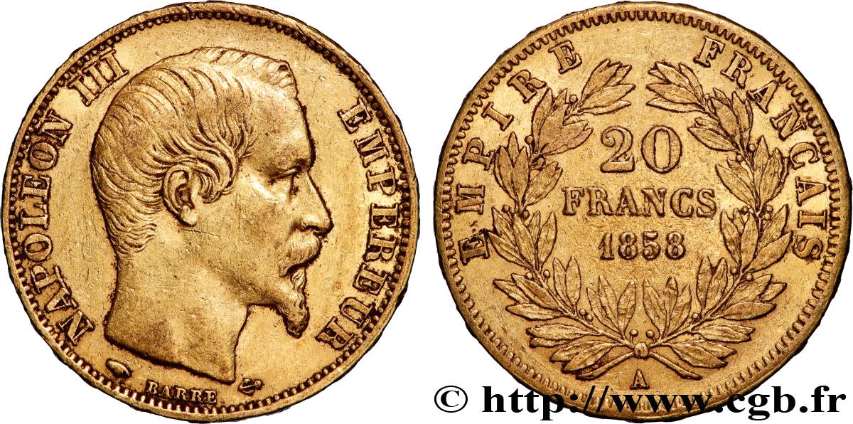 20 francs or Napoléon III, tête nue 1858 Paris F.531/13 BB 