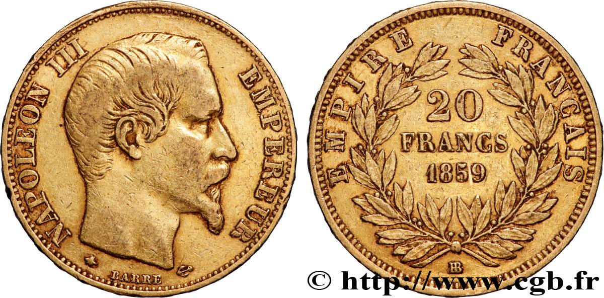 20 francs or Napoléon III, tête nue 1859 Strasbourg F.531/16 XF 