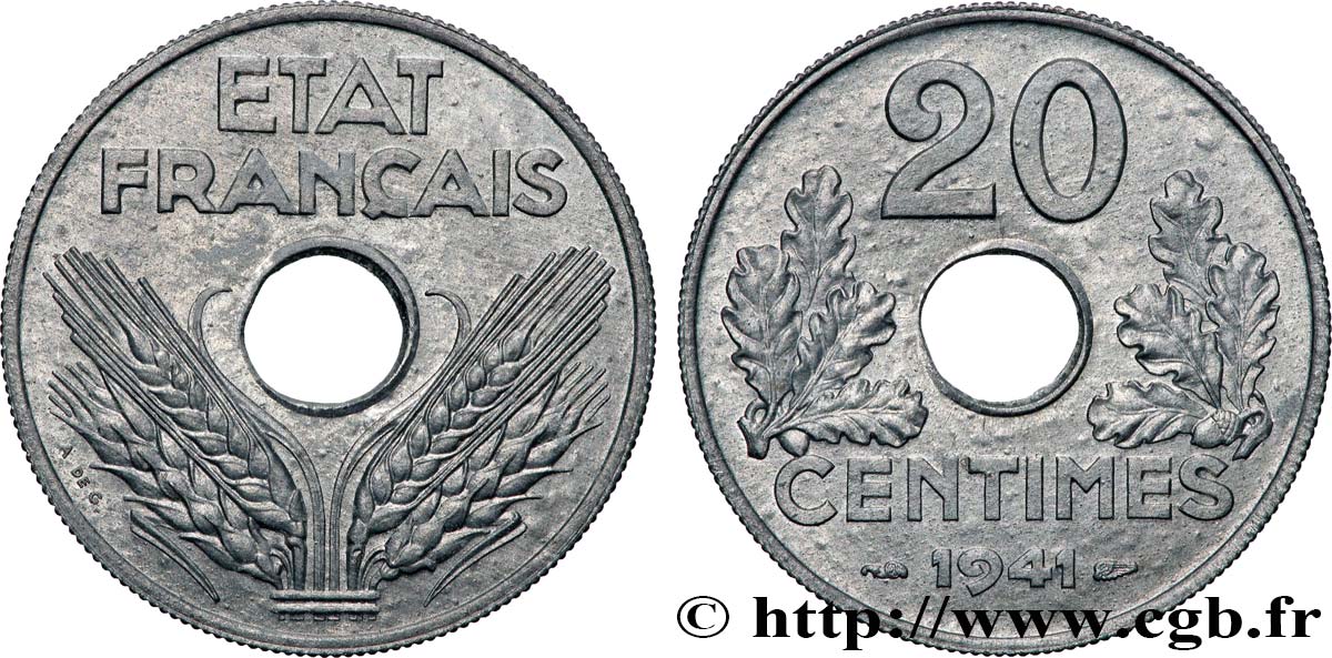 20 centimes État français, lourde 1941  F.153/2 MS64 