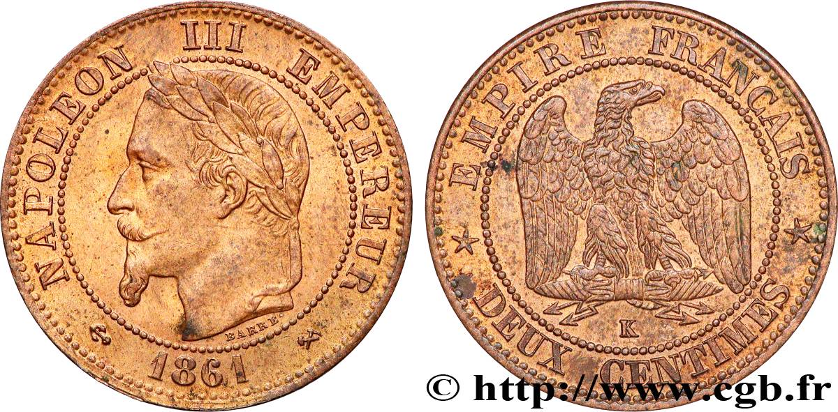 Deux centimes Napoléon III, tête laurée 1861 Bordeaux F.108A/3 VZ55 