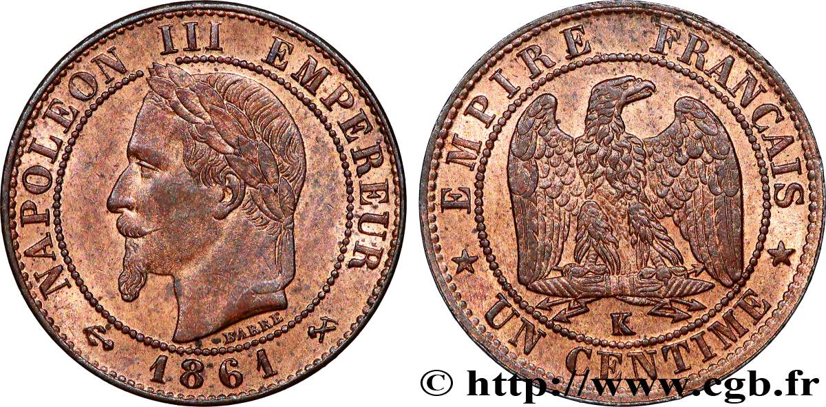 Un centime Napoléon III, tête laurée 1861 Bordeaux F.103/3 VZ61 