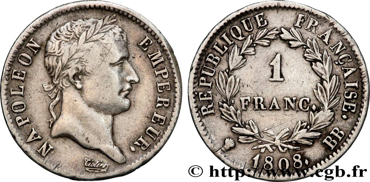 1 franc Napoléon Ier tête laurée, République française 1808 Strasbourg F.204/4 SS 