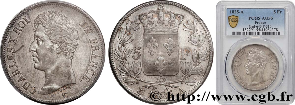 5 francs Charles X, 1er type, A inachevé 1825 Paris F.310/3 SUP55 PCGS