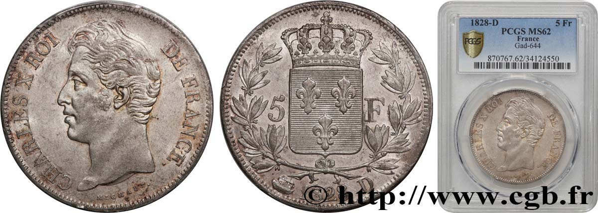 5 francs Charles X, 2e type 1828 Lyon F.311/17 SUP62 PCGS