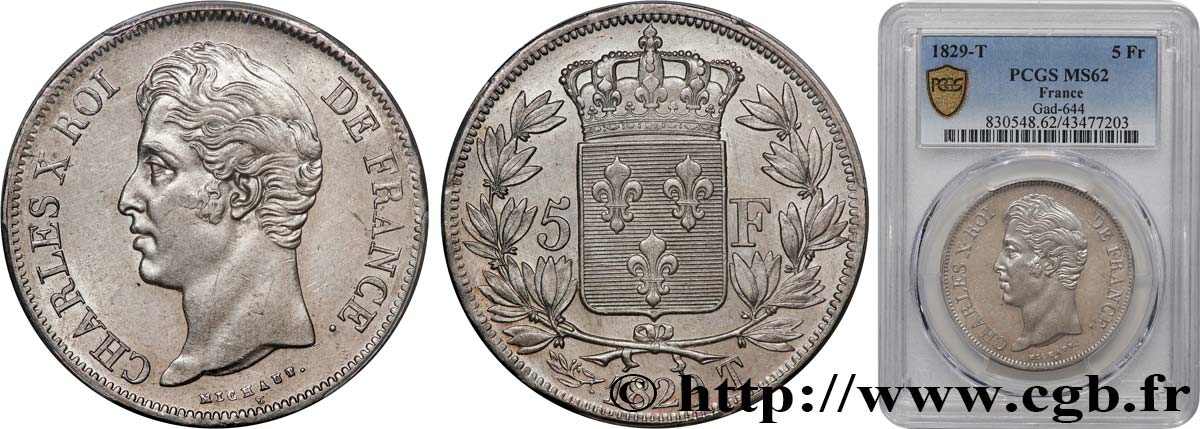 5 francs Charles X, 2e type 1829 Nantes F.311/38 SUP62 PCGS