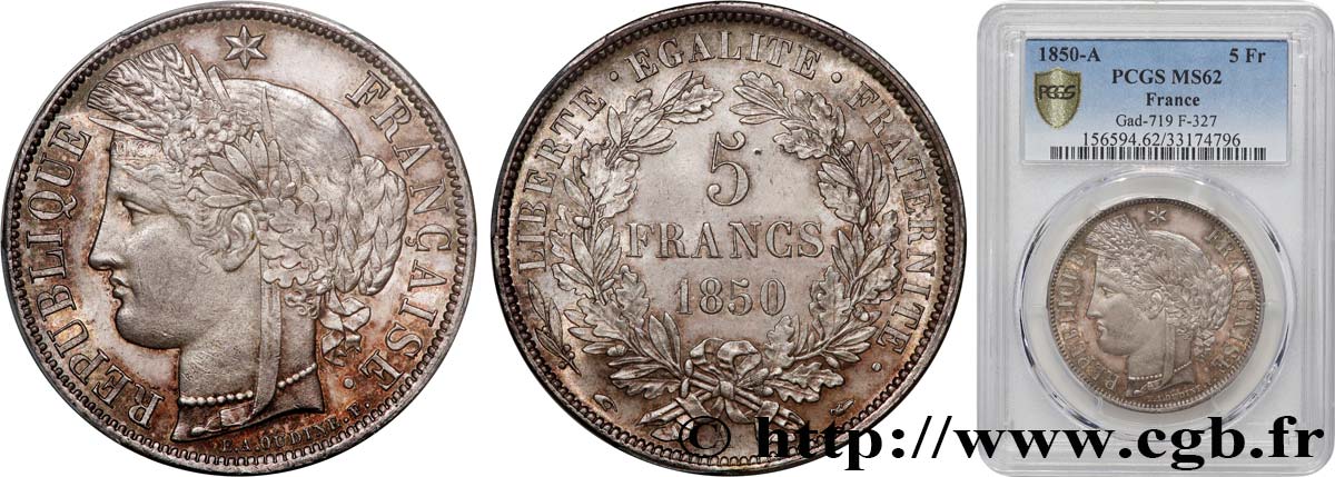 5 francs Cérès, IIe République 1850 Paris F.327/4 MS62 PCGS