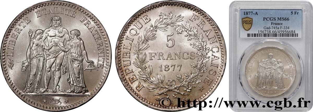 5 francs Hercule 1877 Paris F.334/19 FDC66 PCGS