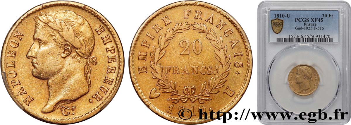 20 francs or Napoléon tête laurée, Empire français 1810 Turin F.516/14 SS45 PCGS