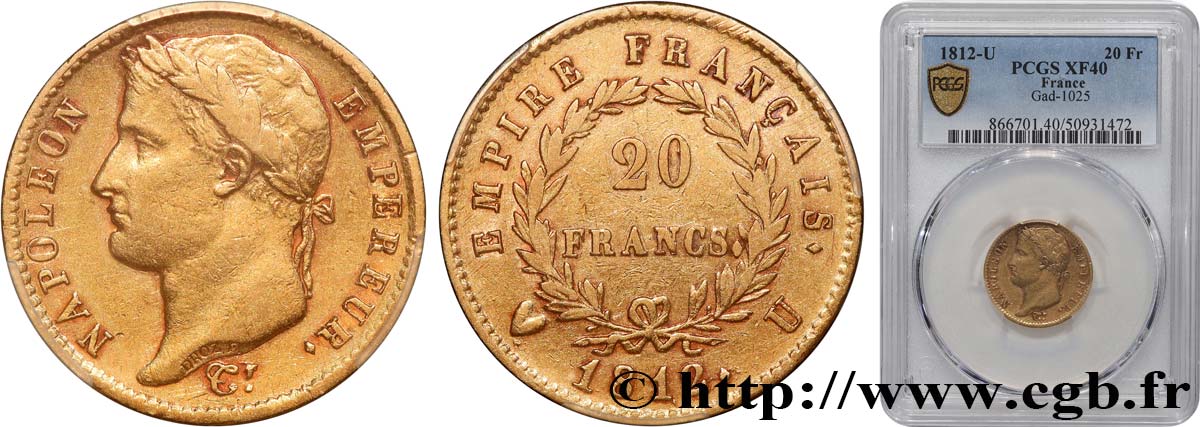 20 francs or Napoléon tête laurée, Empire français 1812 Turin F.516/28 SS40 PCGS