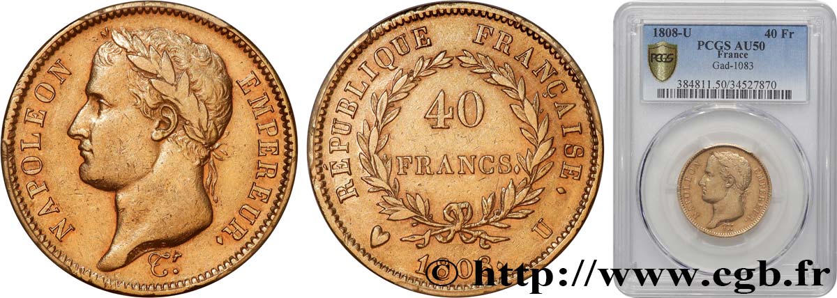 40 francs or Napoléon Ier tête laurée, République française 1808 Turin F.540/5 MBC50 PCGS