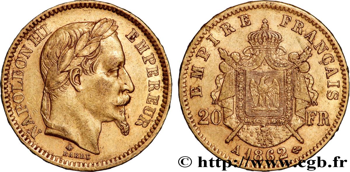 20 francs or Napoléon III, tête laurée, grand A 1862 Paris F.532/4 TTB 