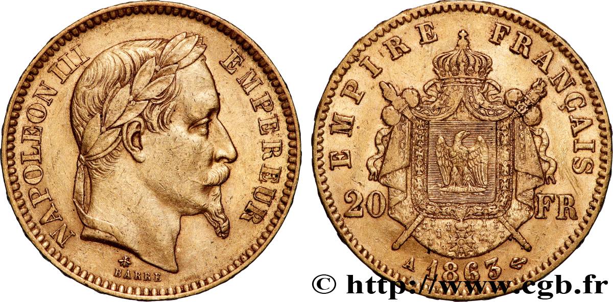 20 francs or Napoléon III, tête laurée 1863 Paris F.532/6 XF 