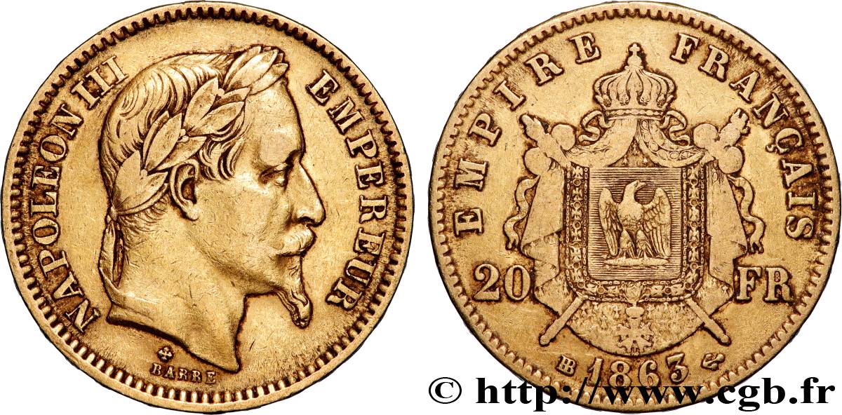 20 francs or Napoléon III, tête laurée 1863 Strasbourg F.532/7 TB+ 