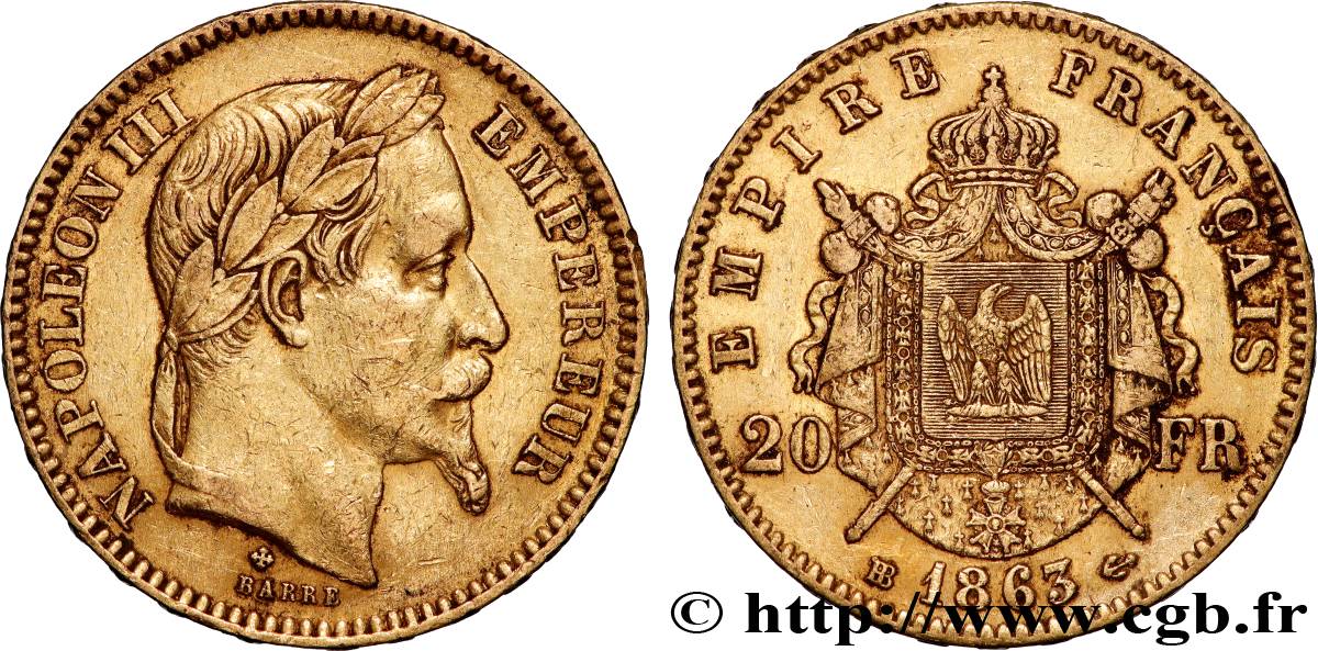 20 francs or Napoléon III, tête laurée 1863 Strasbourg F.532/7 q.BB 