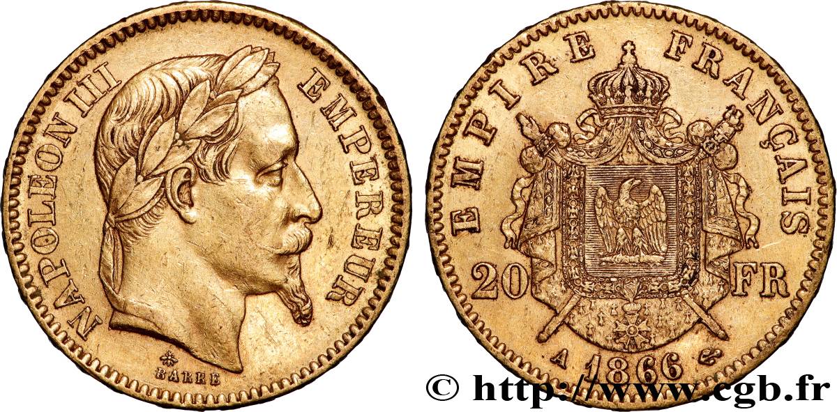 20 francs or Napoléon III, tête laurée 1866 Paris F.532/13 XF 