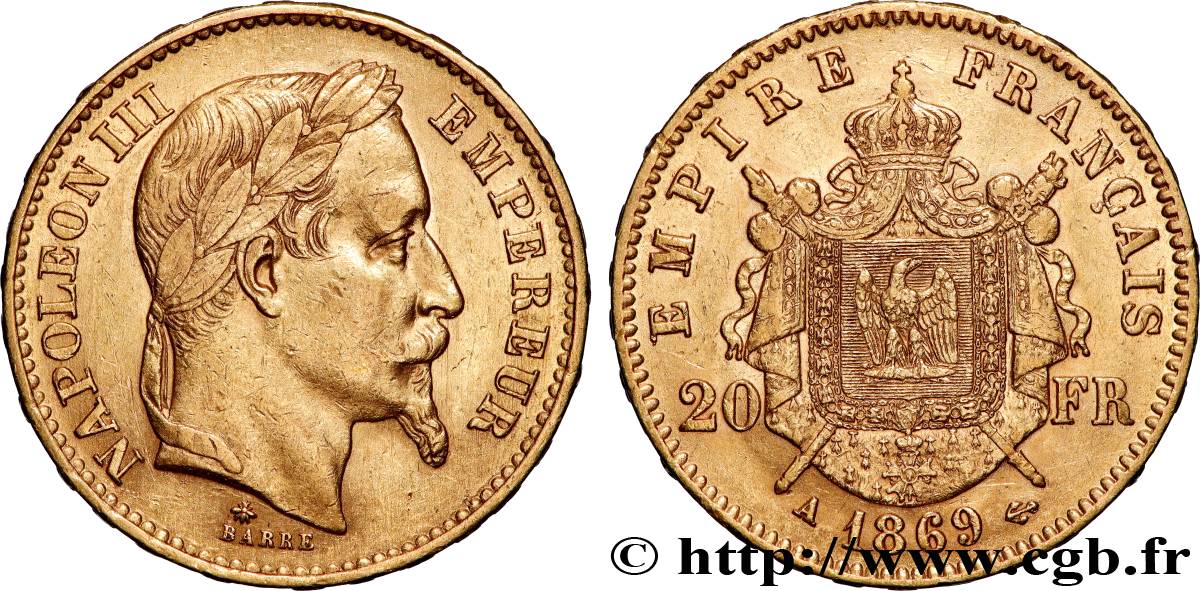 20 francs or Napoléon III, tête laurée 1869 Paris F.532/20 AU 