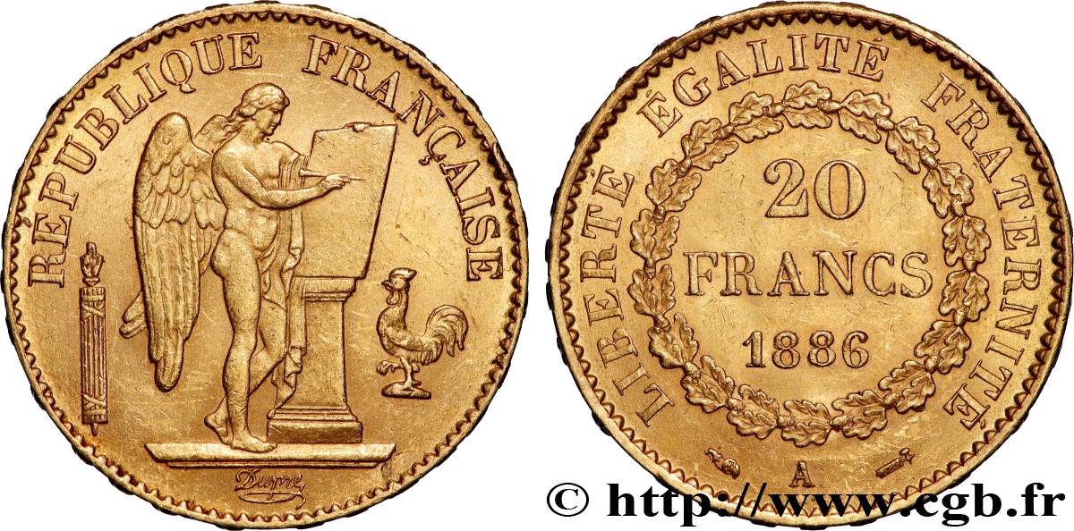 20 francs or Génie, Troisième République 1886 Paris F.533/9 EBC58 