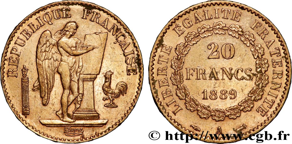 20 francs or Génie, Troisième République 1889 Paris F.533/12 XF 