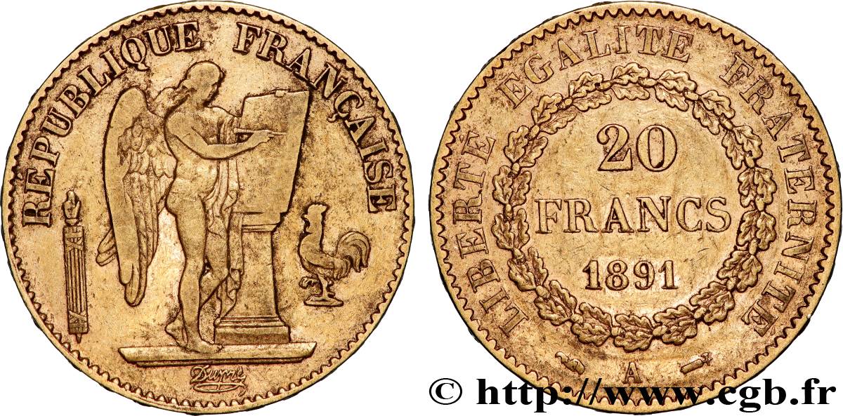 20 francs or Génie, IIIe République 1891 Paris F.533/15 VF 