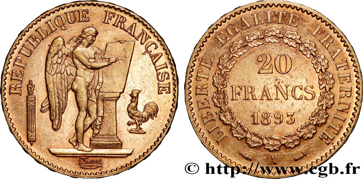 20 francs or Génie, Troisième République 1893 Paris F.533/17 AU 