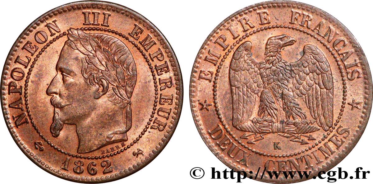 Deux centimes Napoléon III, tête laurée, buste définitif 1862 Bordeaux F.108A/7 VZ62 