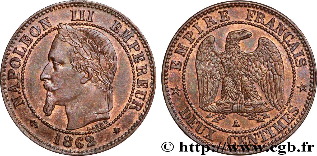 Deux centimes Napoléon III, tête laurée 1862 Paris F.108A/4 SUP62 
