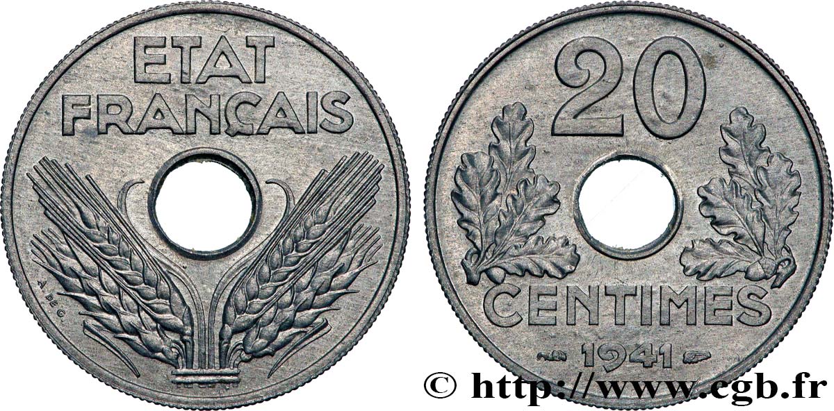 20 centimes État français, lourde 1941  F.153/2 MS65 