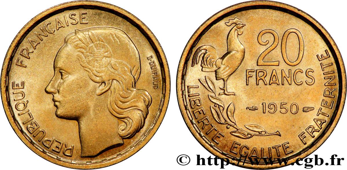 20 francs G. Guiraud, 4 faucilles 1950  F.402/3 SPL63 