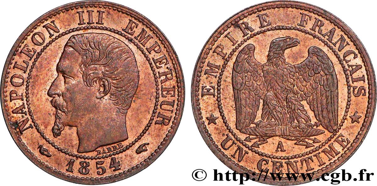 Un centime Napoléon III, tête nue 1854 Paris F.102/9 SPL63 