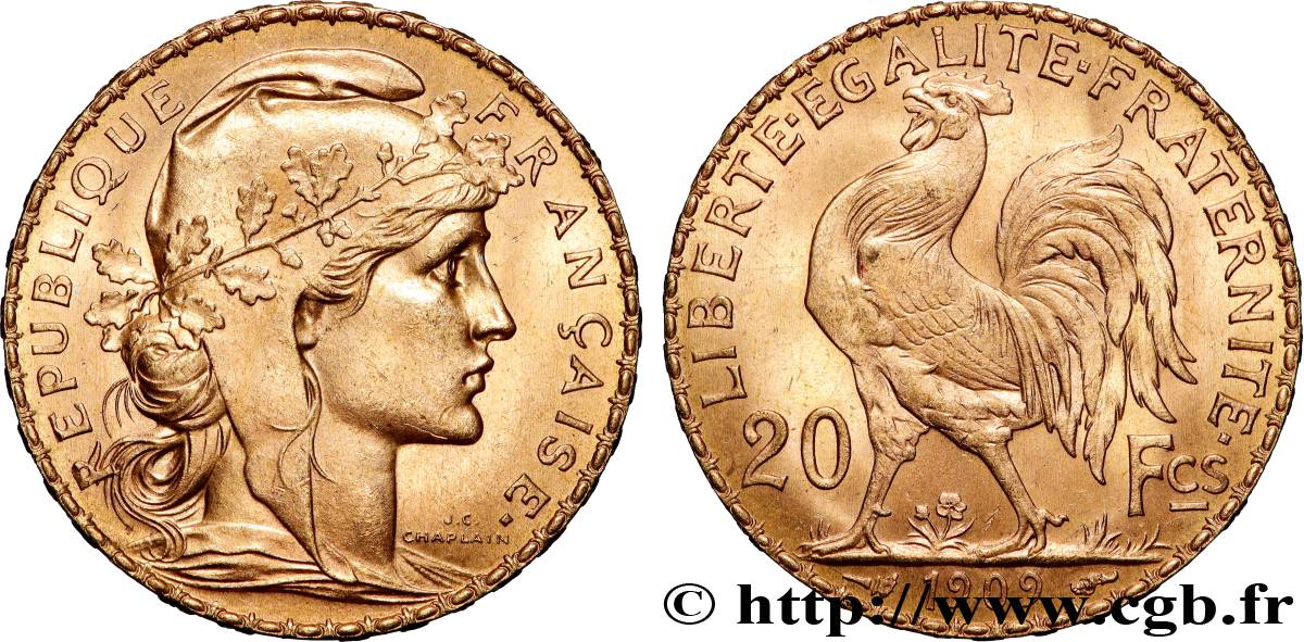 20 francs or Coq, Liberté Égalité Fraternité 1909 Paris F.535/3 MS 