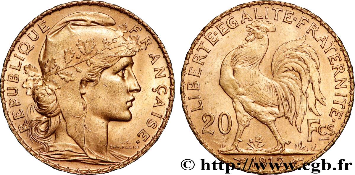 20 francs or Coq, Liberté Égalité Fraternité 1912 Paris F.535/6 SUP+ 