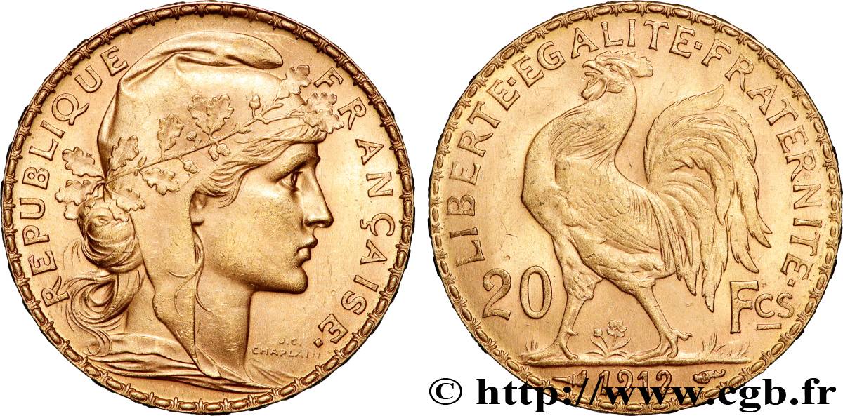 20 francs or Coq, Liberté Égalité Fraternité 1912 Paris F.535/6 SPL+ 