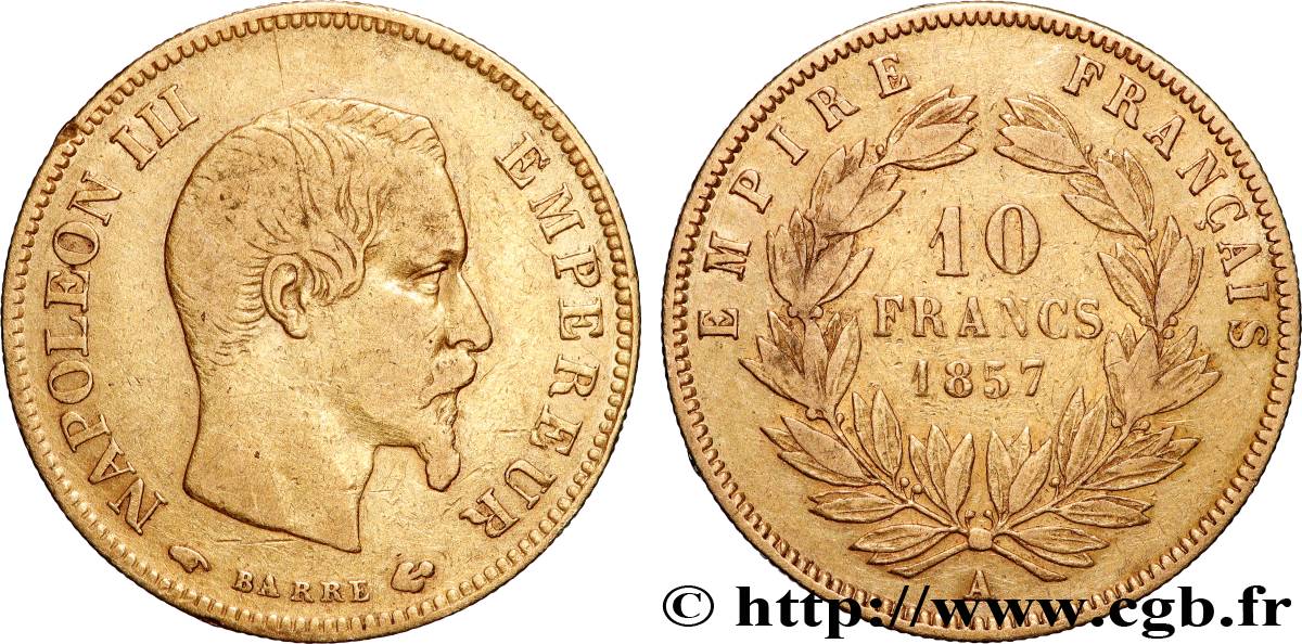 10 francs or Napoléon III, tête nue 1857 Paris F.506/4 TB 