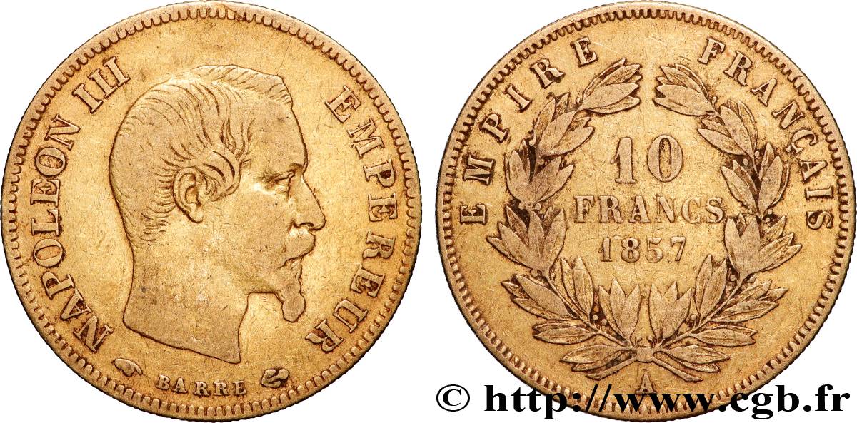 10 francs or Napoléon III, tête nue 1857 Paris F.506/4 VF 