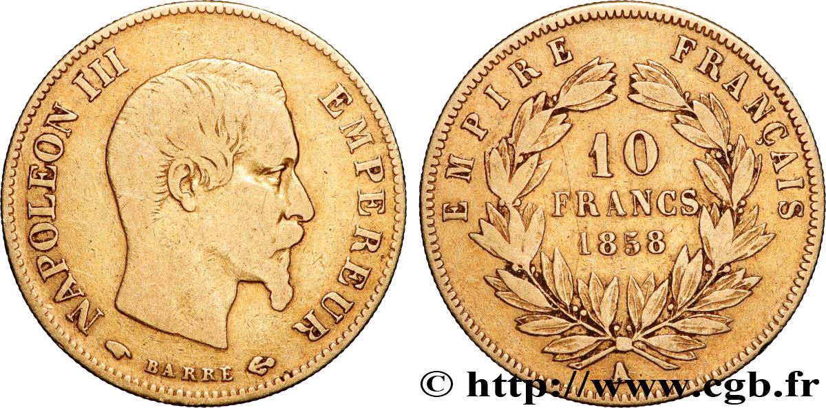 10 francs or Napoléon III, tête nue, grand module 1858 Paris F.506/5 TB 