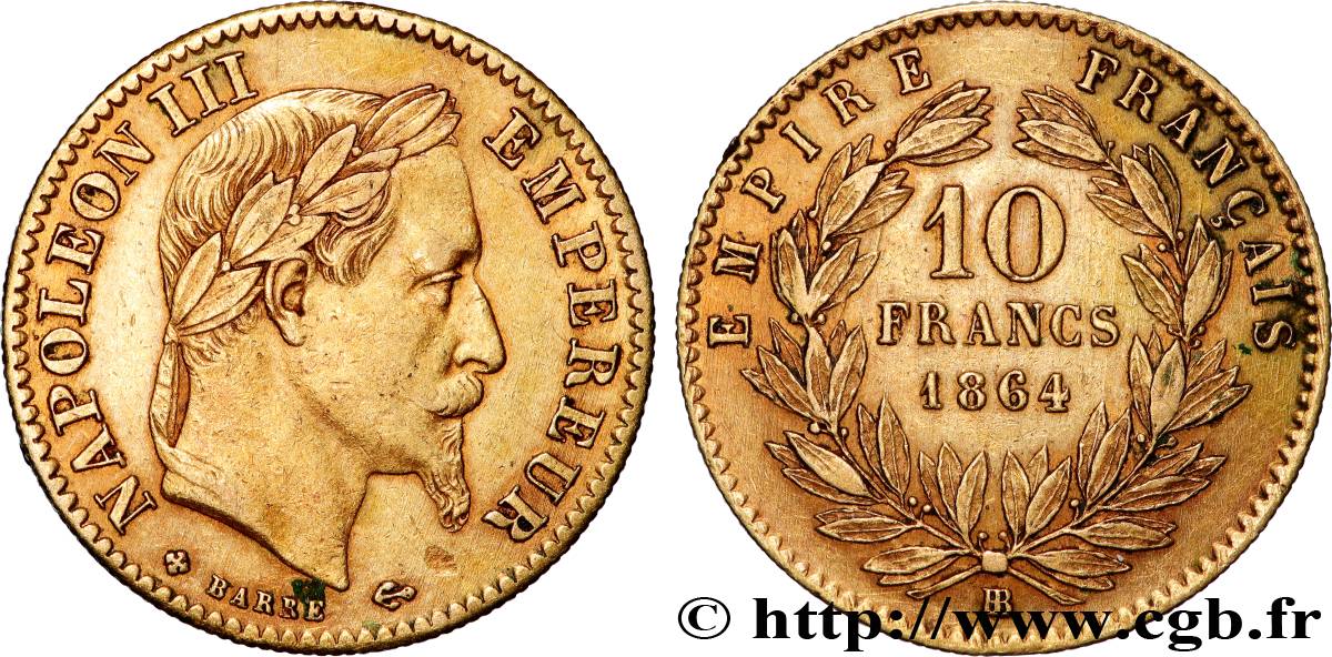 10 francs or Napoléon III, tête laurée 1864 Strasbourg F.507A/7 XF 
